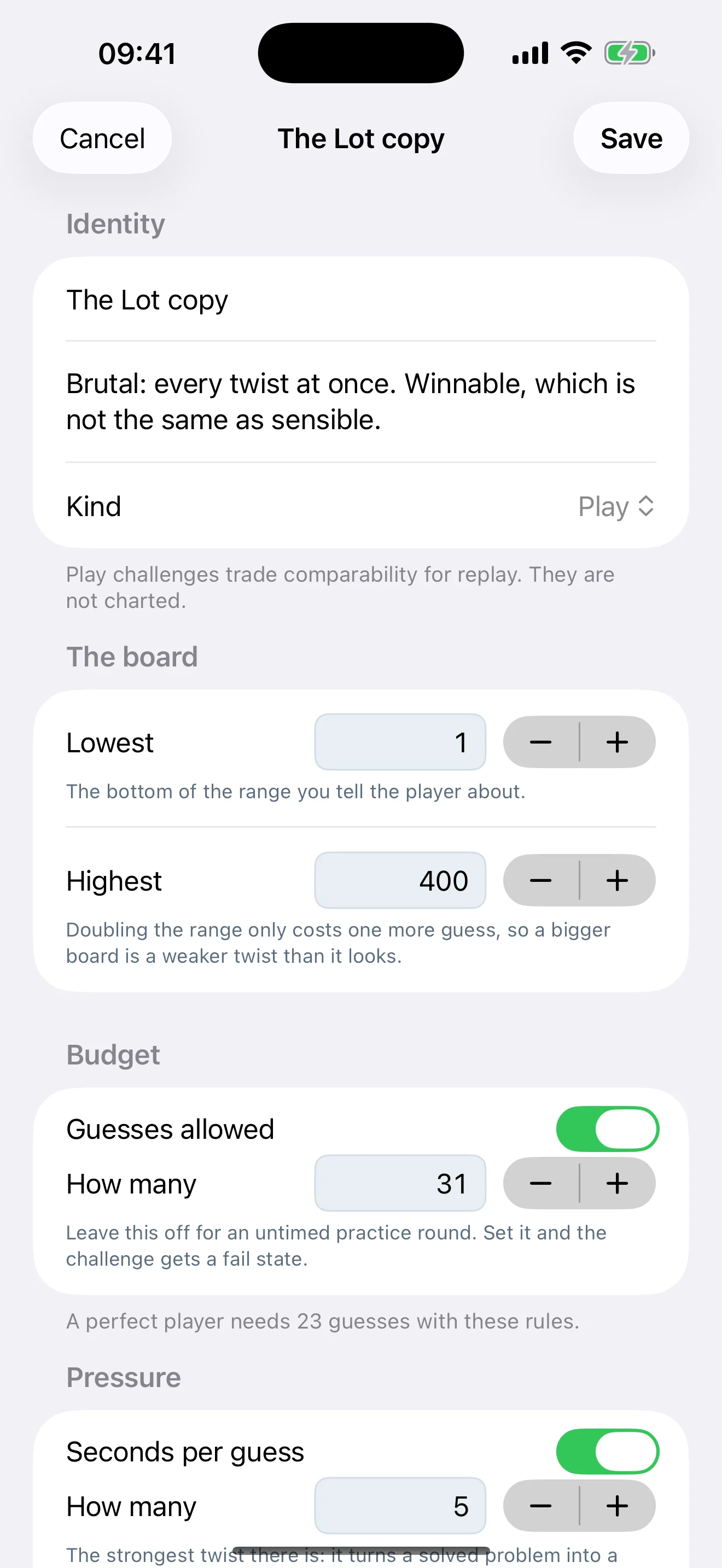 Challenge Designer editing The Lot, with identity, board range, guess budget and pressure controls