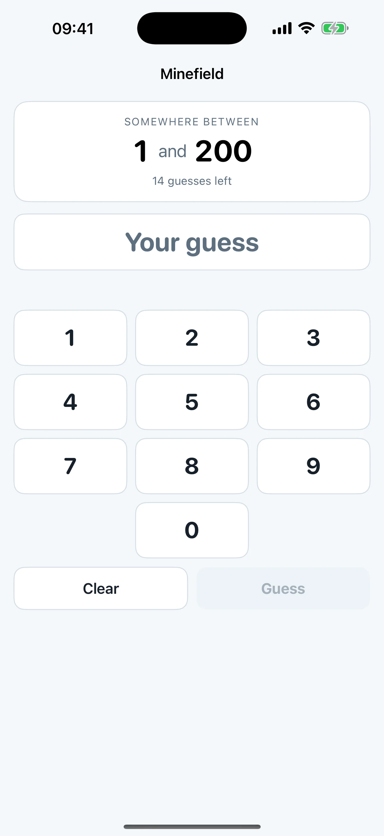 Minefield challenge play screen with a range from 1 to 200, 14 guesses and a numeric keypad