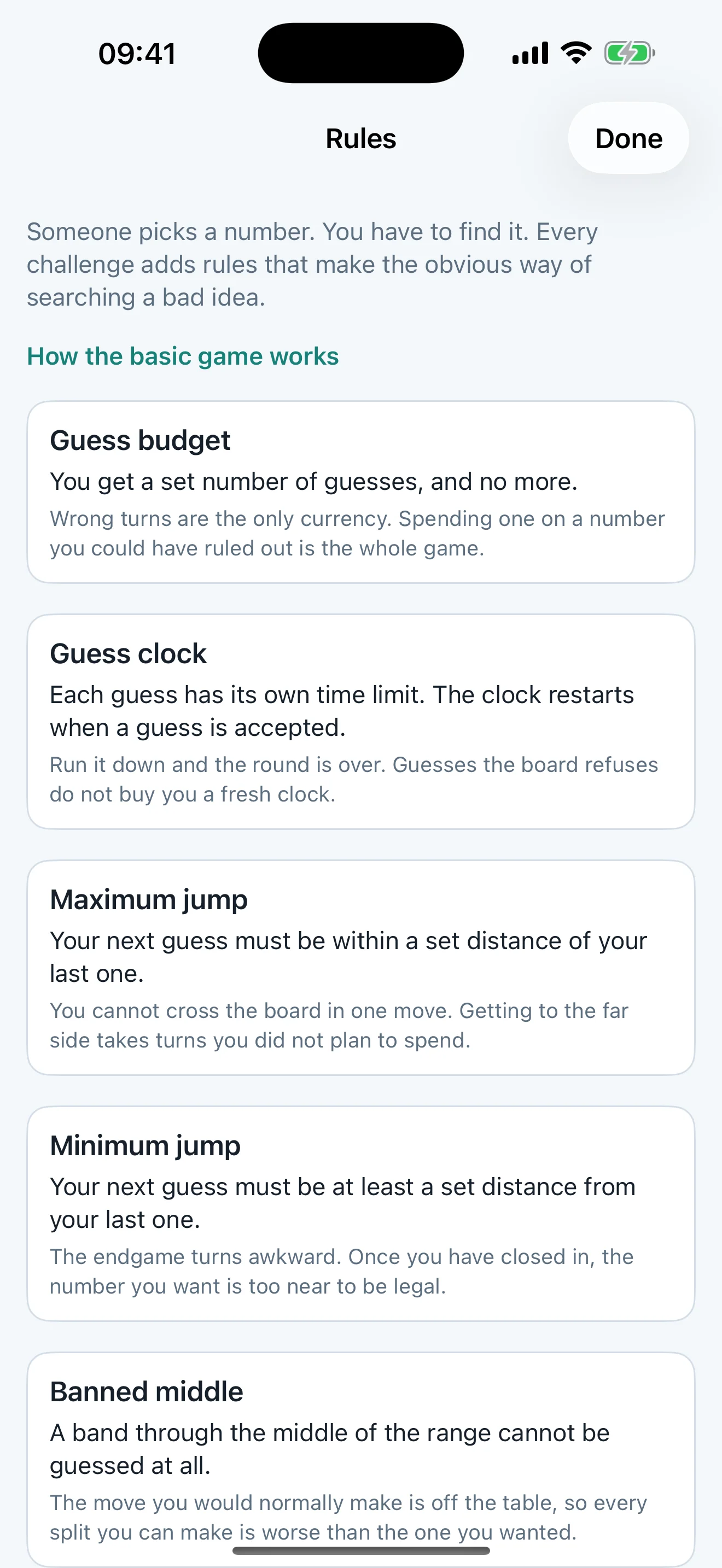 The in-app Rules reference explaining guess budget, guess clock, maximum jump, minimum jump and banned middle